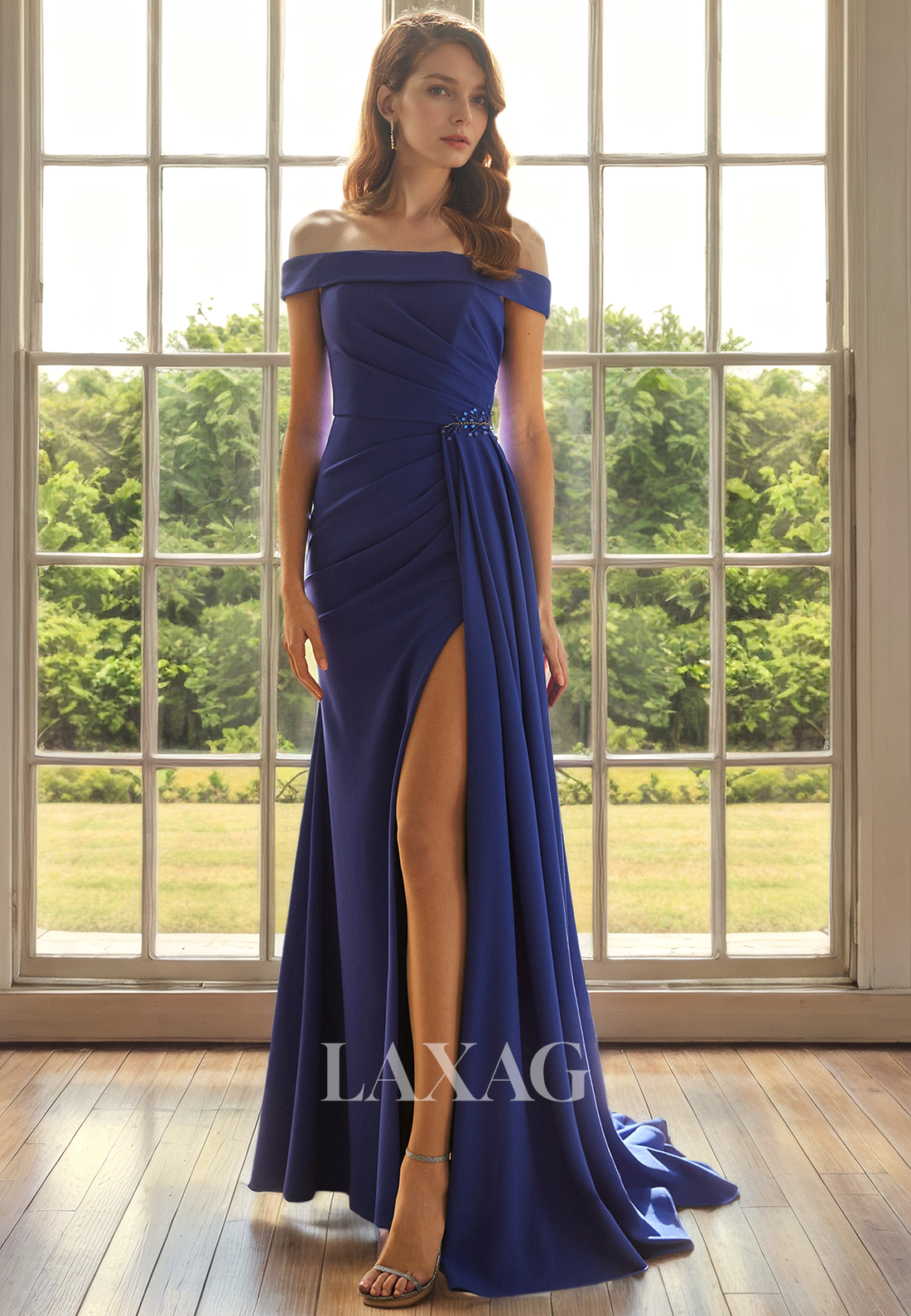 Off Shoulder Pleated Sleek Satin Mother of the Bride Dress with Slit and Train - Fashionpara