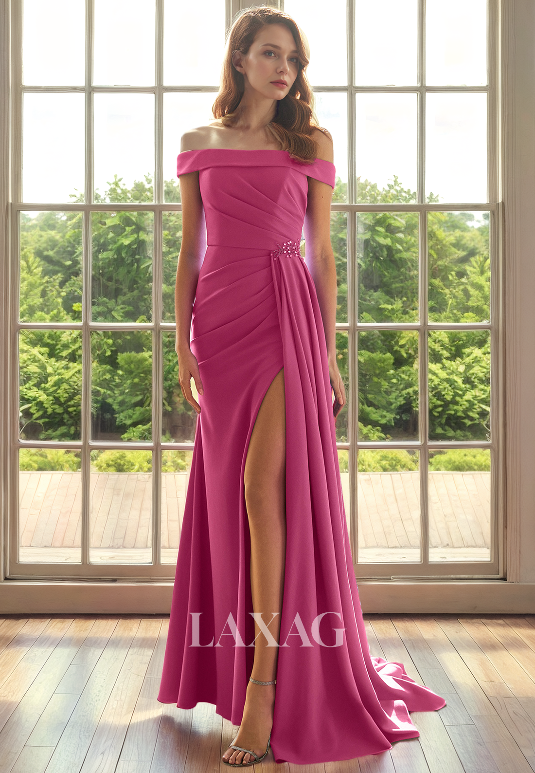 Off Shoulder Pleated Sleek Satin Mother of the Bride Dress with Slit and Train - Fashionpara