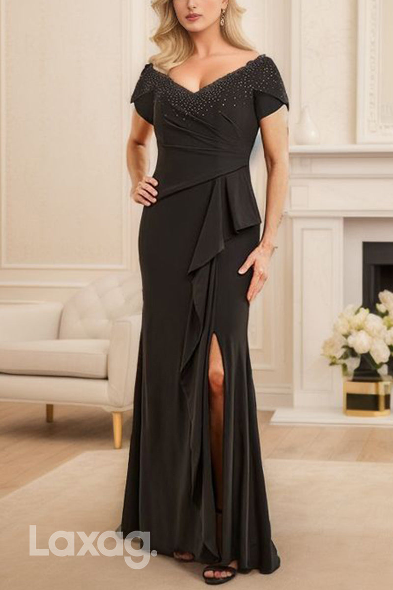 22744 - Off Shoulder Rainstone Sleek Satin Mother of the Bride Dress with Slit - Fashionpara