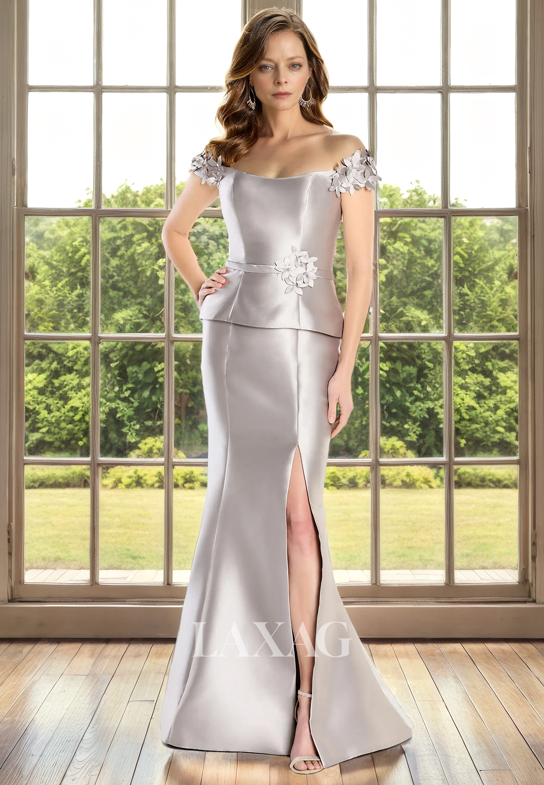 Off Shoulder Sleek Satin Elegant Mermaid Mother of the Bride Dress with Slit - Fashionpara