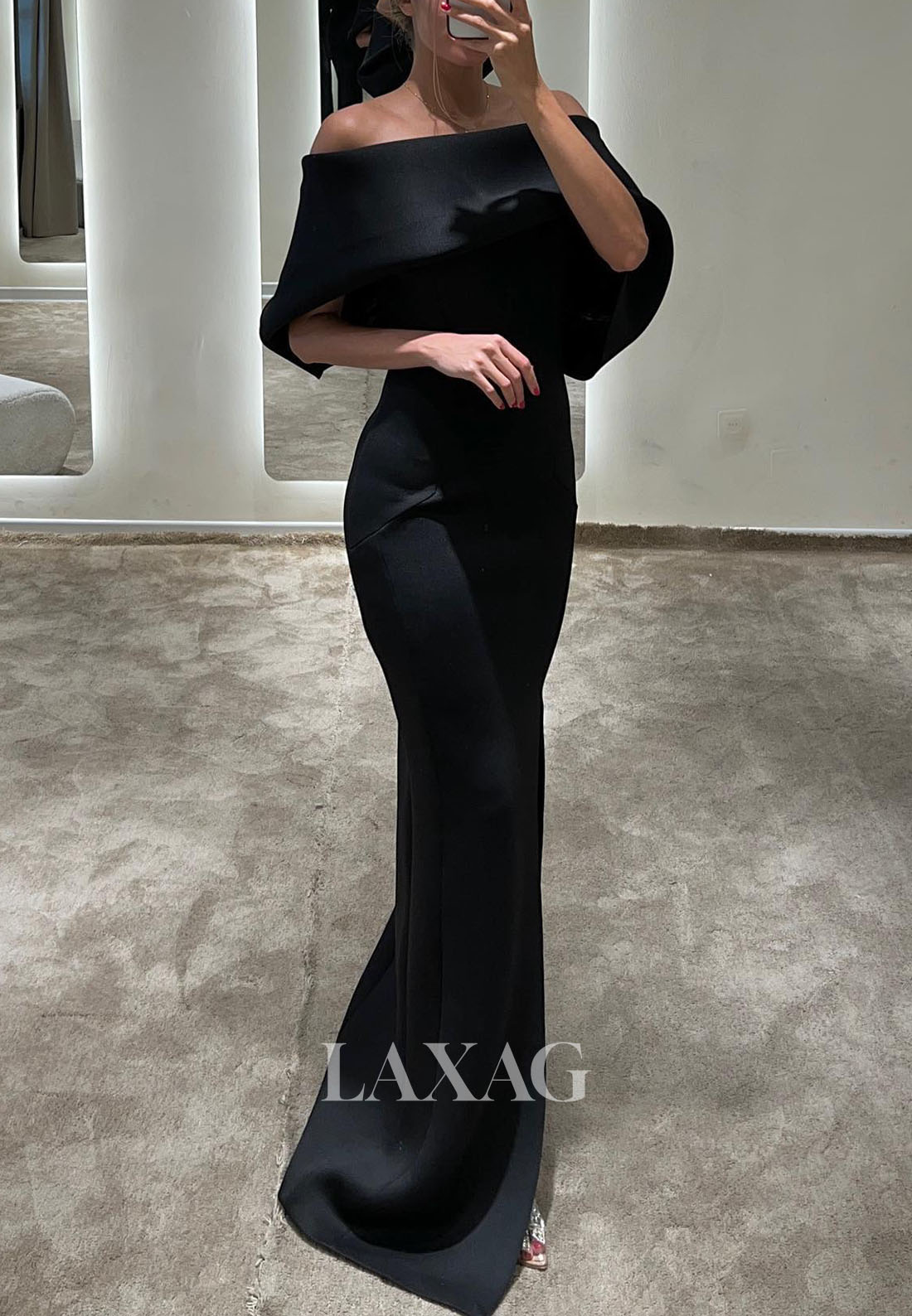 23166 - Off Shoulder Sleek Satin Elegant Party Prom Formal Evening Dress with Slit - Fashionpara