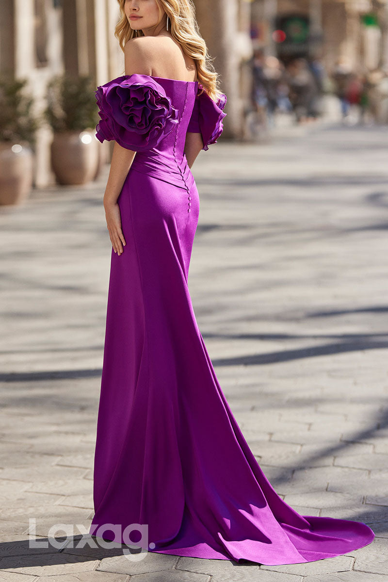 23050 - Off Shoulder Sleek Satin Mermaid Cocktail Party Formal Evening Dress with Slit and Train - Fashionpara