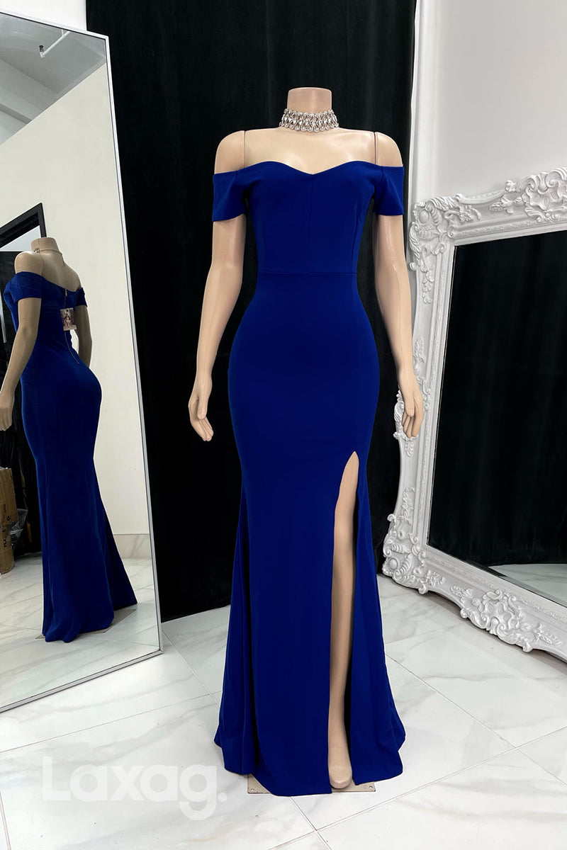 22587 - Off Shoulder Sleek Satin Mermaid Prom Dresses for Black Girl Slay with Slit - Fashionpara