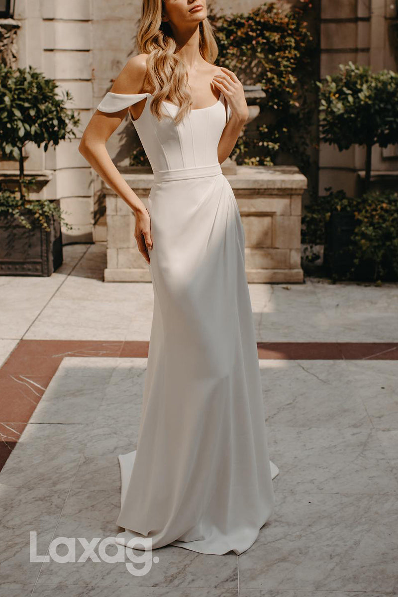 22790 - Off Shoulder Sleek Satin Mermaid Wedding Dress with Sweep Train - Fashionpara