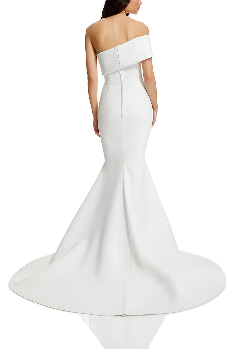 22990 - A-Line Square Straps Sleek Satin Elegant Wedding Dress with Slit and Train - Fashionpara