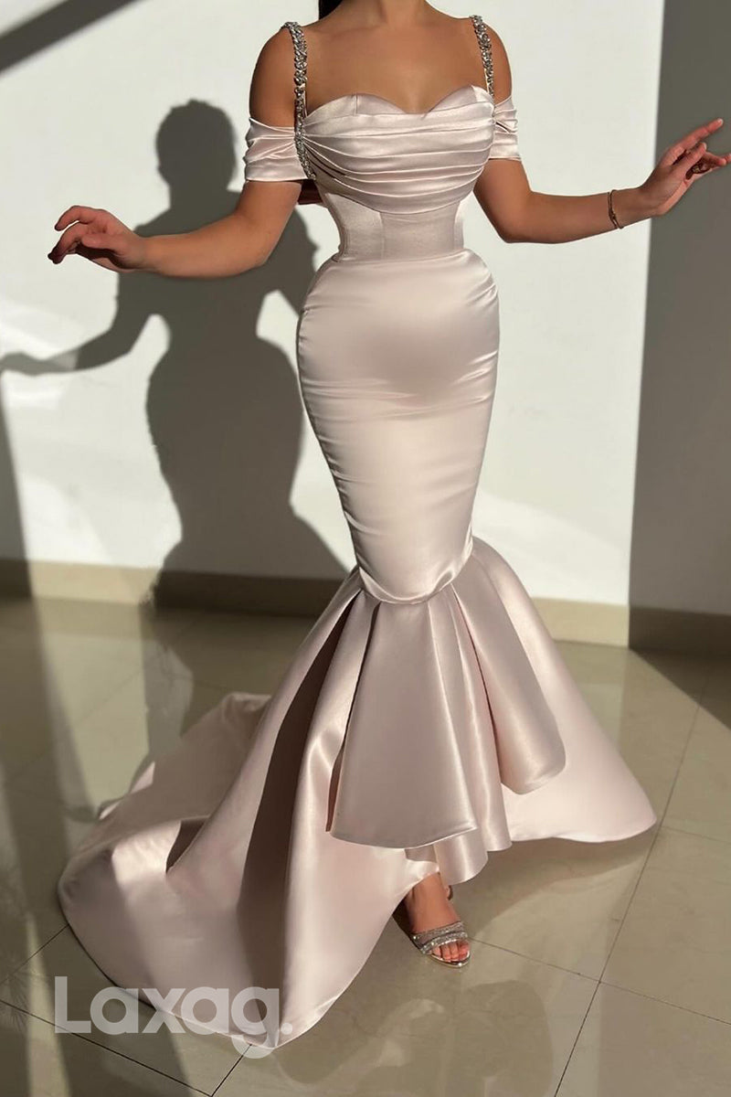 22240 - Off Shoulder Straps Beaded Sleek Satin Mermaid Prom Formal Evening Dress - Fashionpara