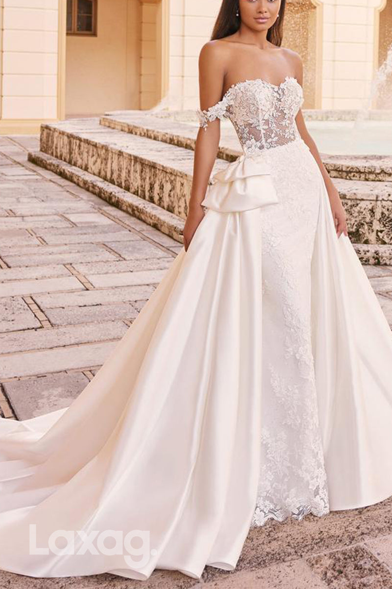 22604 - Off Shoulder Sweetheart Appliques illusion Mermaid Wedding Dress with Train - Fashionpara