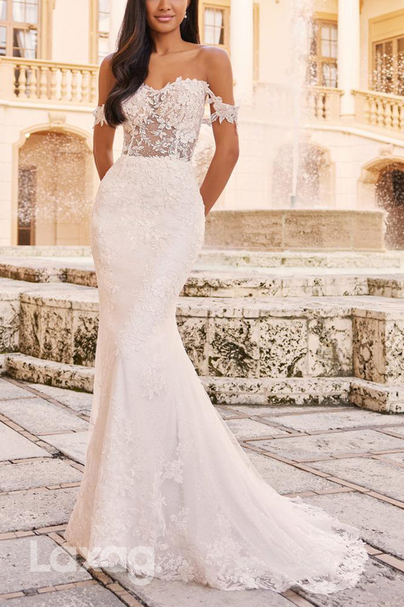 22604 - Off Shoulder Sweetheart Appliques illusion Mermaid Wedding Dress with Train - Fashionpara