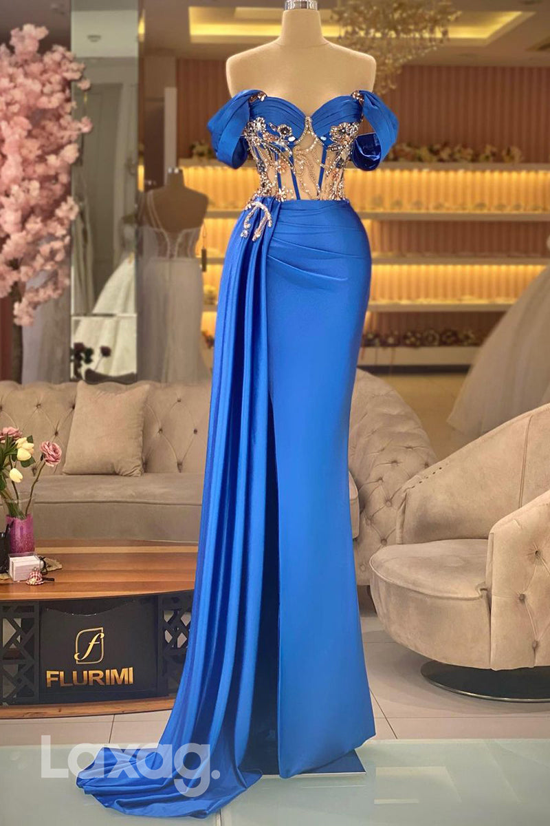 22277 - Off Shoulder Sweetheart Beaded Sleek Satin Party Prom Formal Evening Dress - Fashionpara