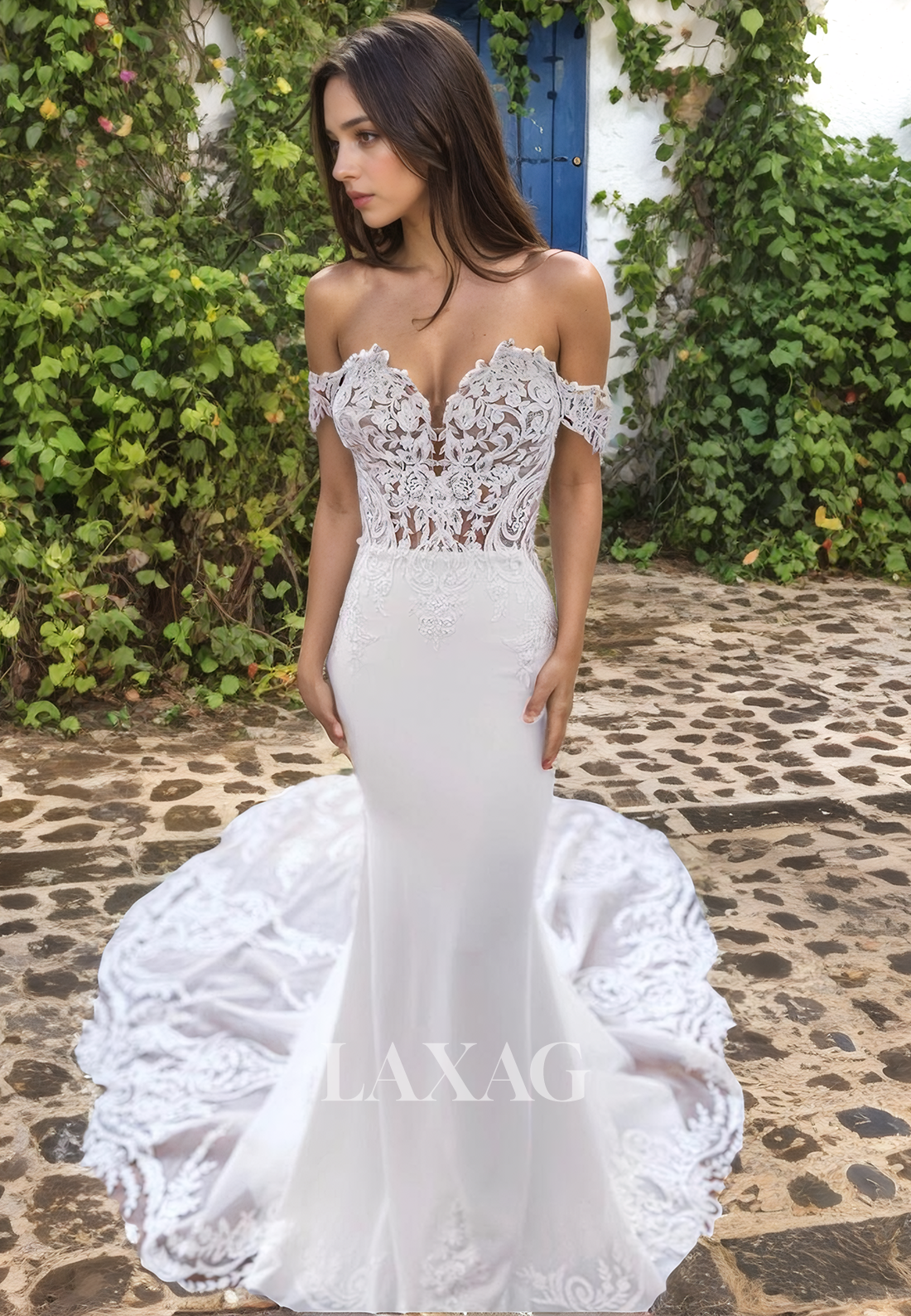 Off Shoulder Sweetheart Lace Appliques Tulle Mermaid Wedding Dress with Train - Fashionpara