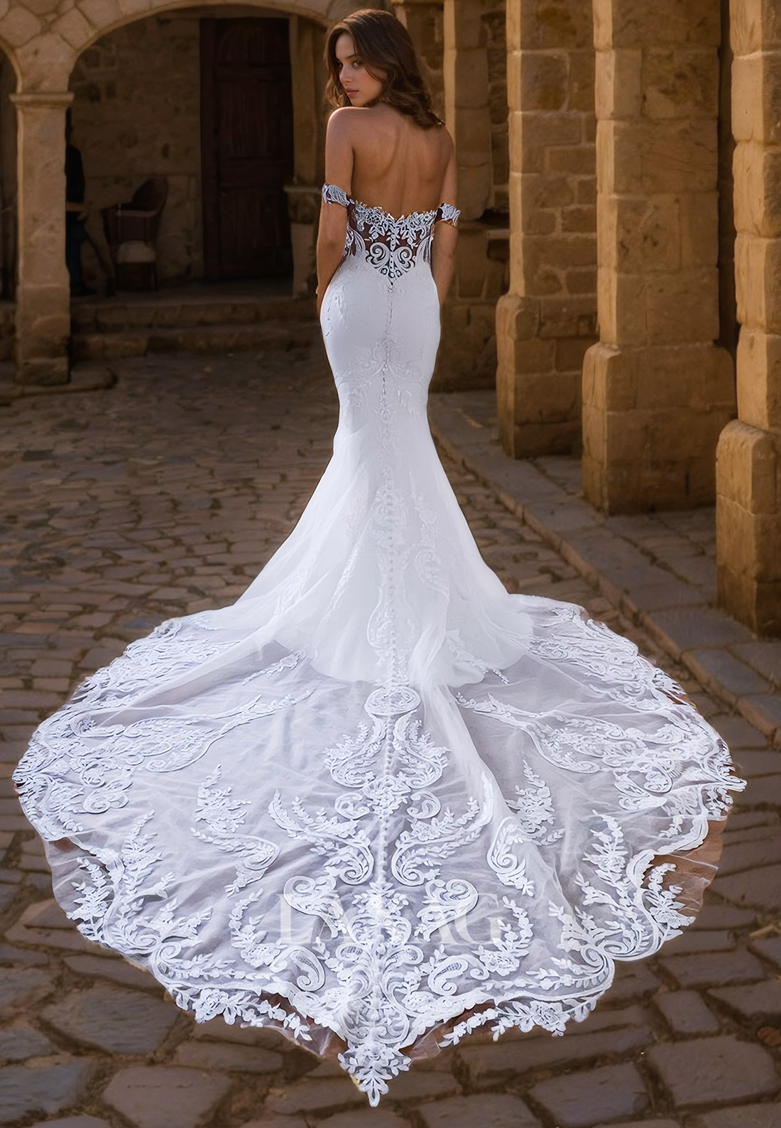 Off Shoulder Sweetheart Lace Appliques Tulle Mermaid Wedding Dress with Train - Fashionpara