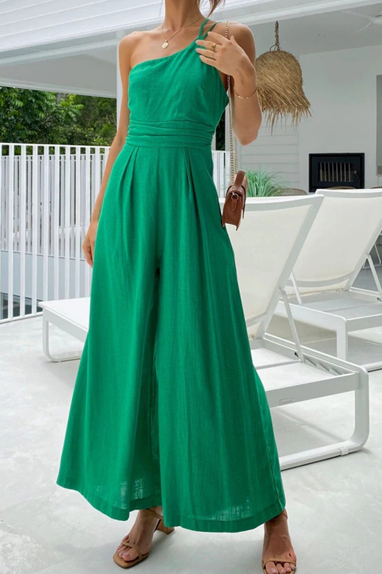 One Shoulder Solid Color Wide Leg Jumpsuits