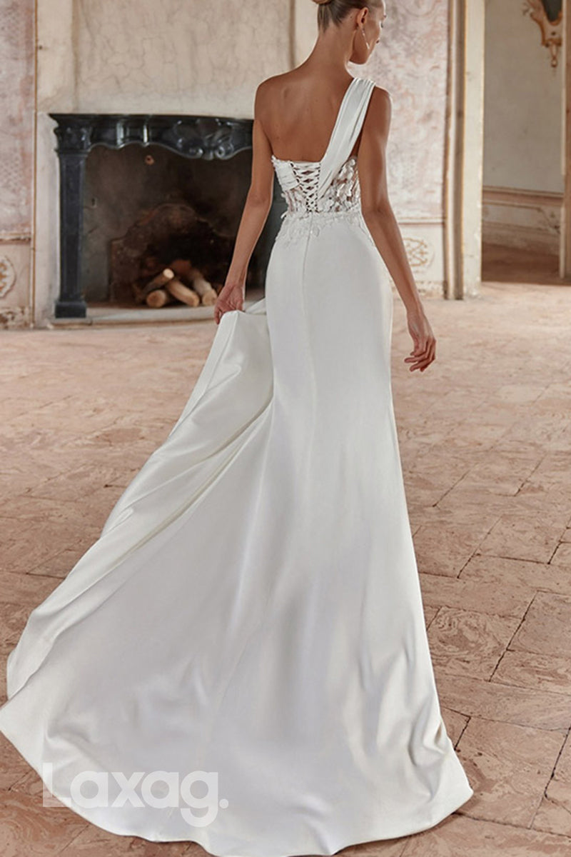 22716 - One Shoulder Appliques High Slit Mermaid Wedding Dress with Train - Fashionpara