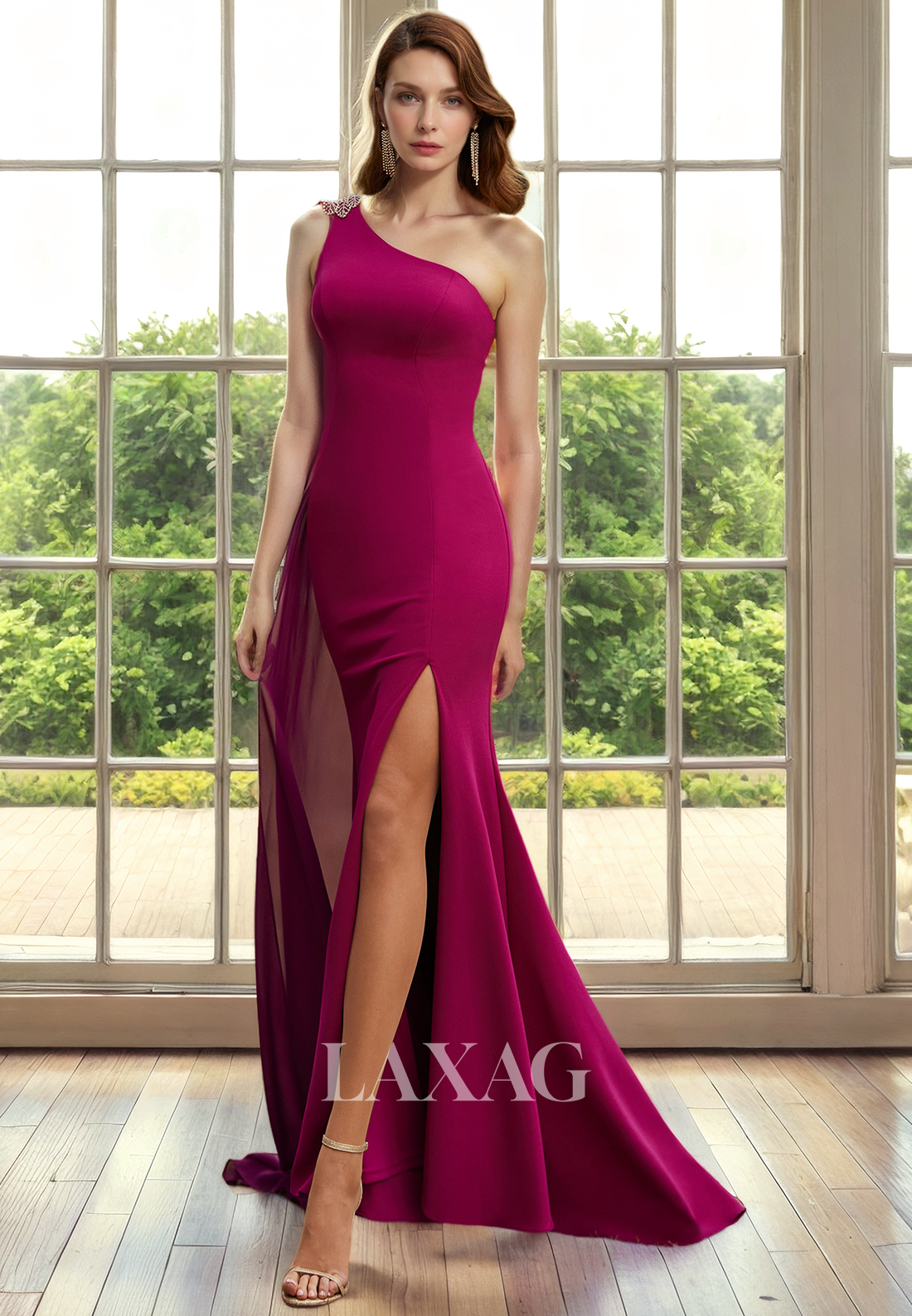 One Shoulder Beaded Sleek Satin Mermaid Mother of the Bride Dress with Slit - Fashionpara