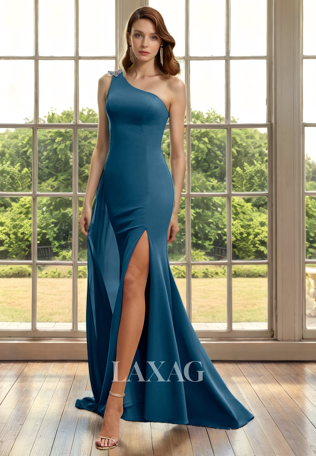 One Shoulder Beaded Sleek Satin Mermaid Mother of the Bride Dress with Slit - Fashionpara