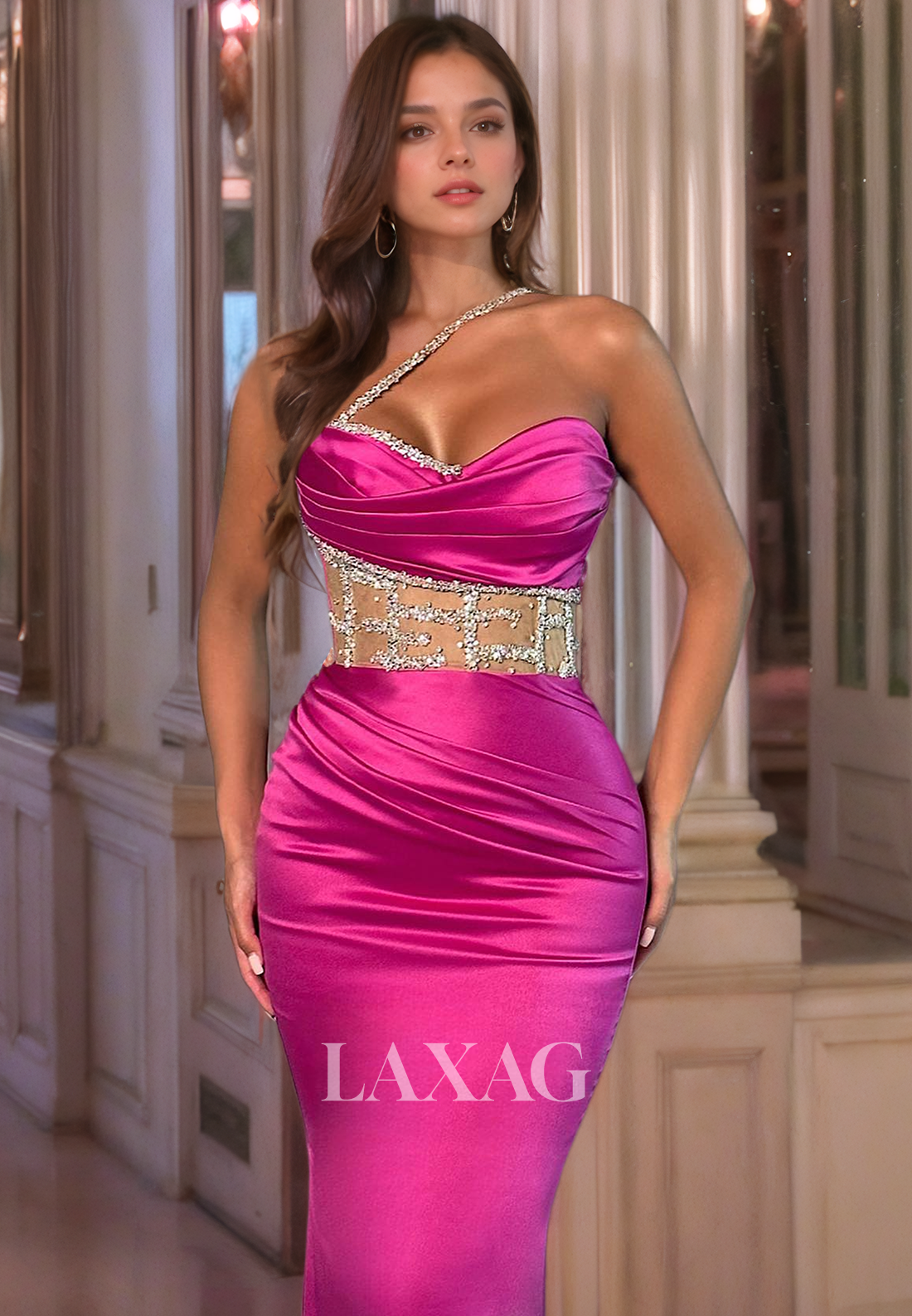 One-Strap Beaeded Satin Mermaid Prom Dress Sweetheart Sleeveless Evening Gowns with Sweep Train - Fashionpara