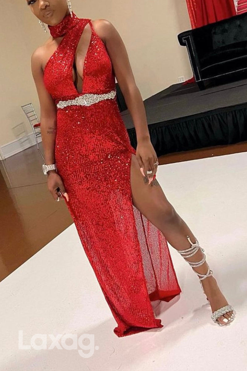 22558 - One Shoulder Cutout Sequins Rainstone High Slit Prom Dresses for Black Girl Slay - Fashionpara