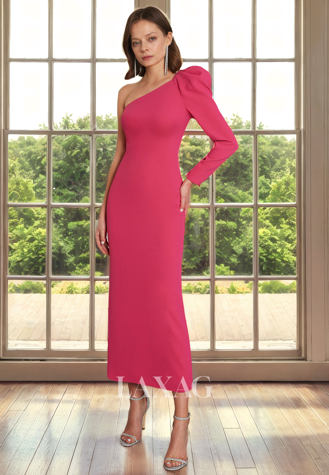 One Shoulder Long Sleeves Sleek Satin Ankle-Length Mother of the Bride Dress - Fashionpara