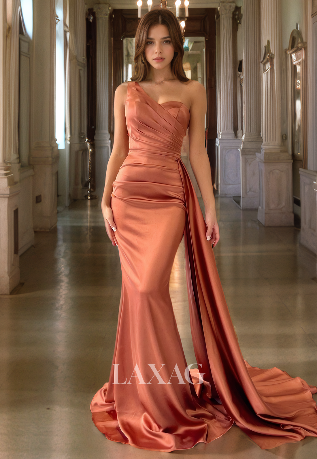 22256 - One Shoulder Draped Sleek Satin Mermaid Party Prom Formal Evening Dress with Train - Fashionpara