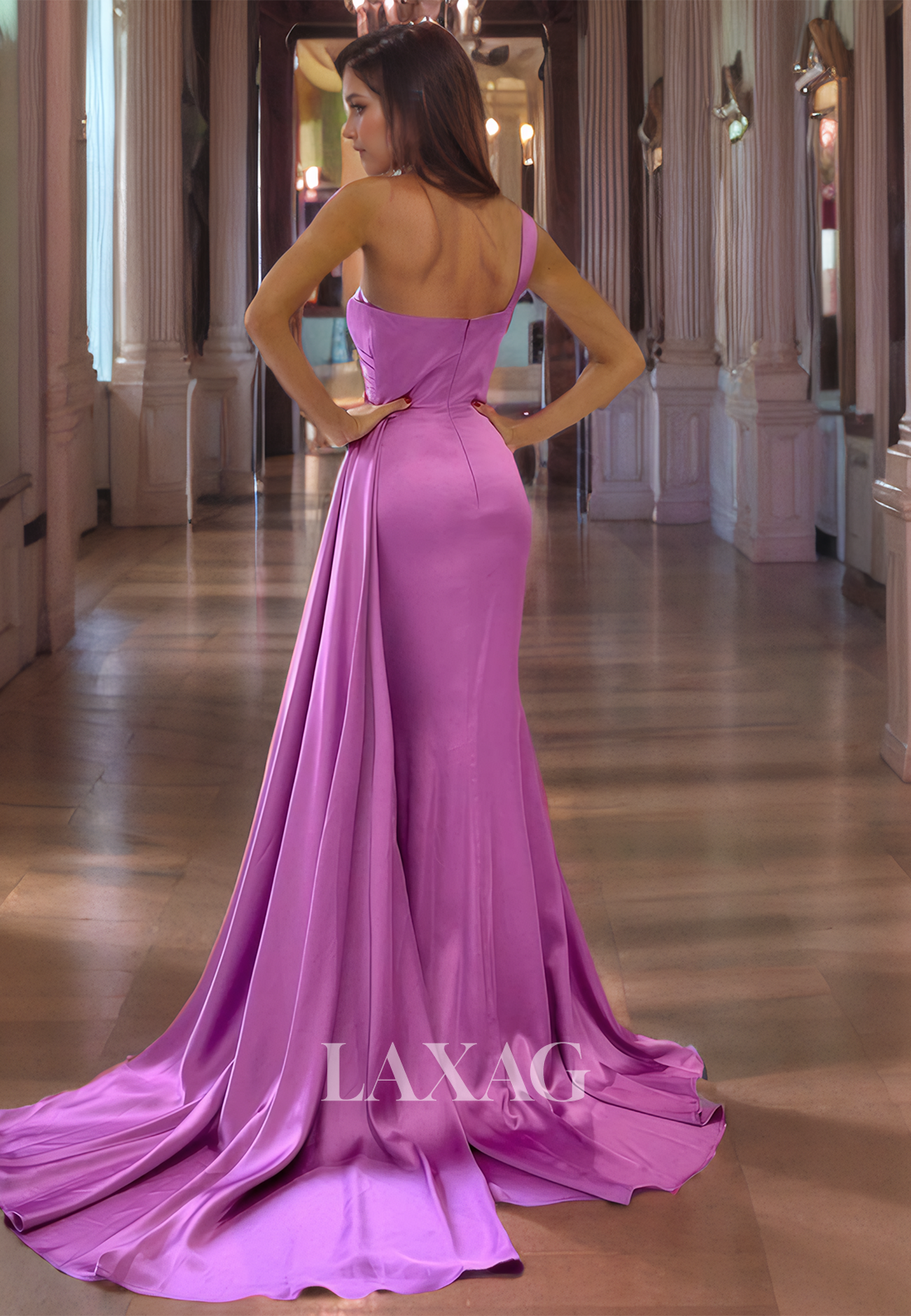 One Shoulder Pleated Sleek Satin Mermaid Party Prom Formal Evening Dress with Train - Fashionpara