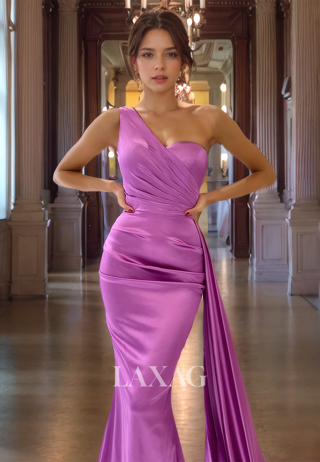 One Shoulder Pleated Sleek Satin Mermaid Party Prom Formal Evening Dress with Train - Fashionpara