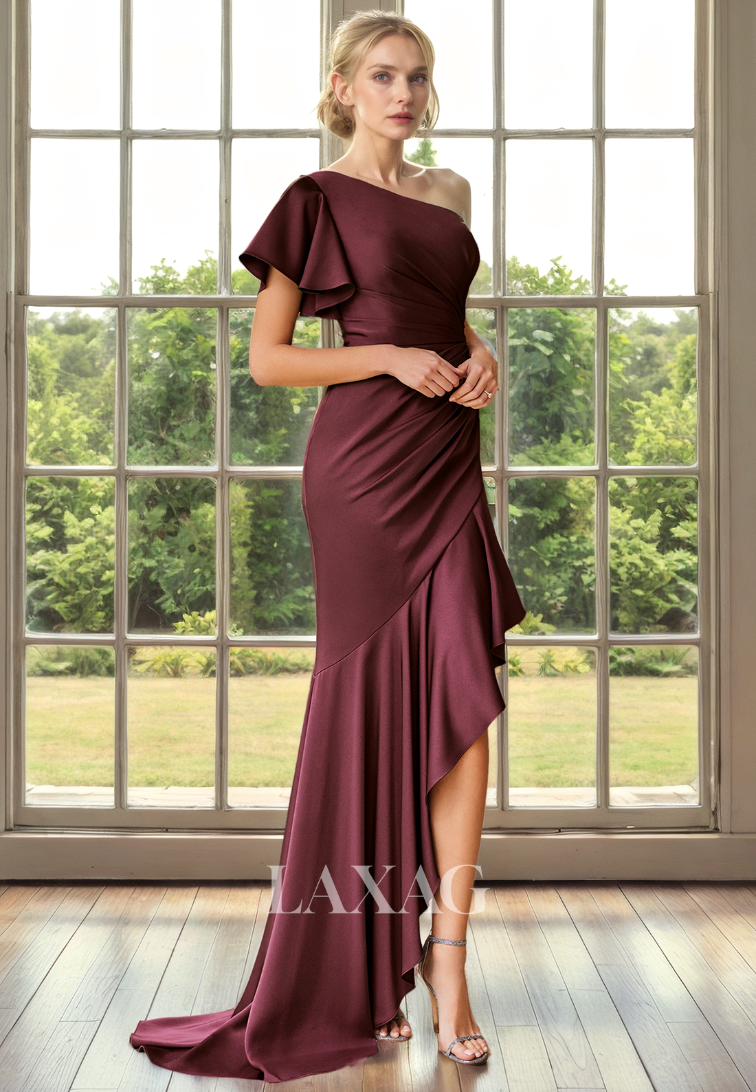 One Shoulder Short Sleeves Pleated Sleek Satin Mother of the Bride Dress - Fashionpara