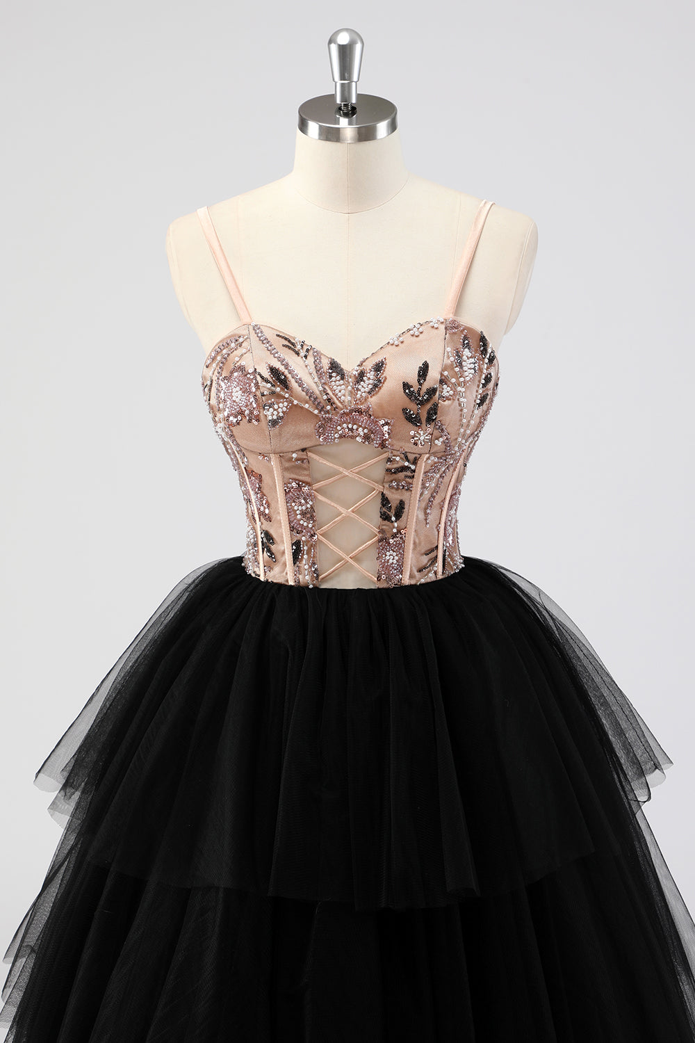 Black Tulle Tiered Spaghetti Straps Appliques A Line Long Prom Dress