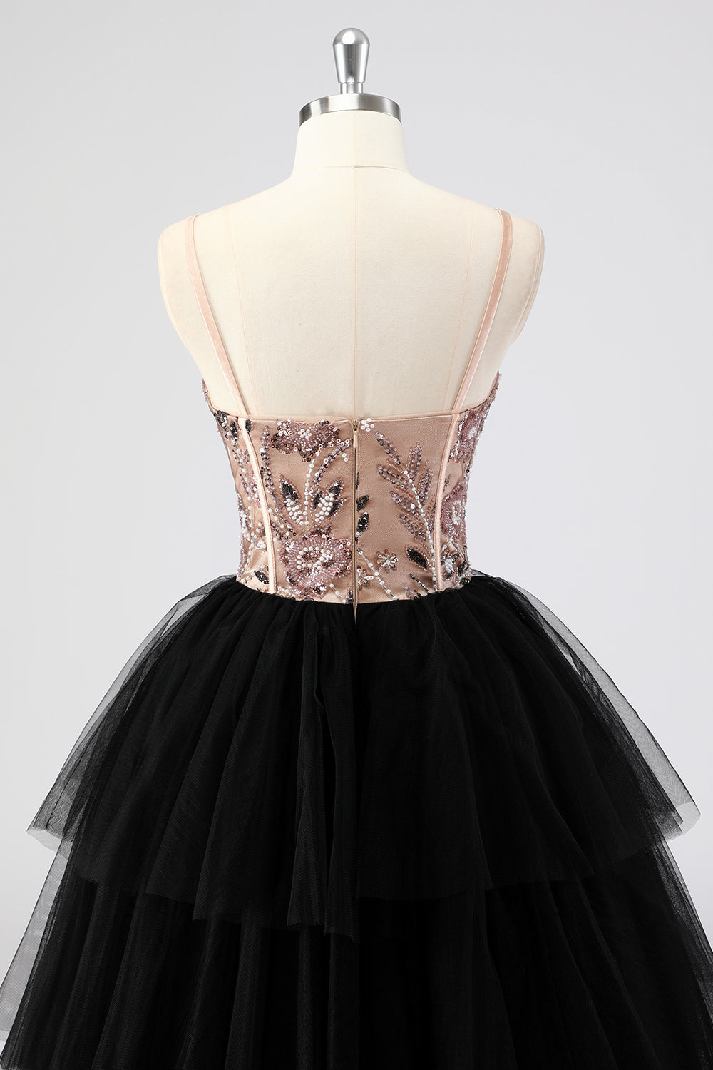 Black Tulle Tiered Spaghetti Straps Appliques A Line Long Prom Dress