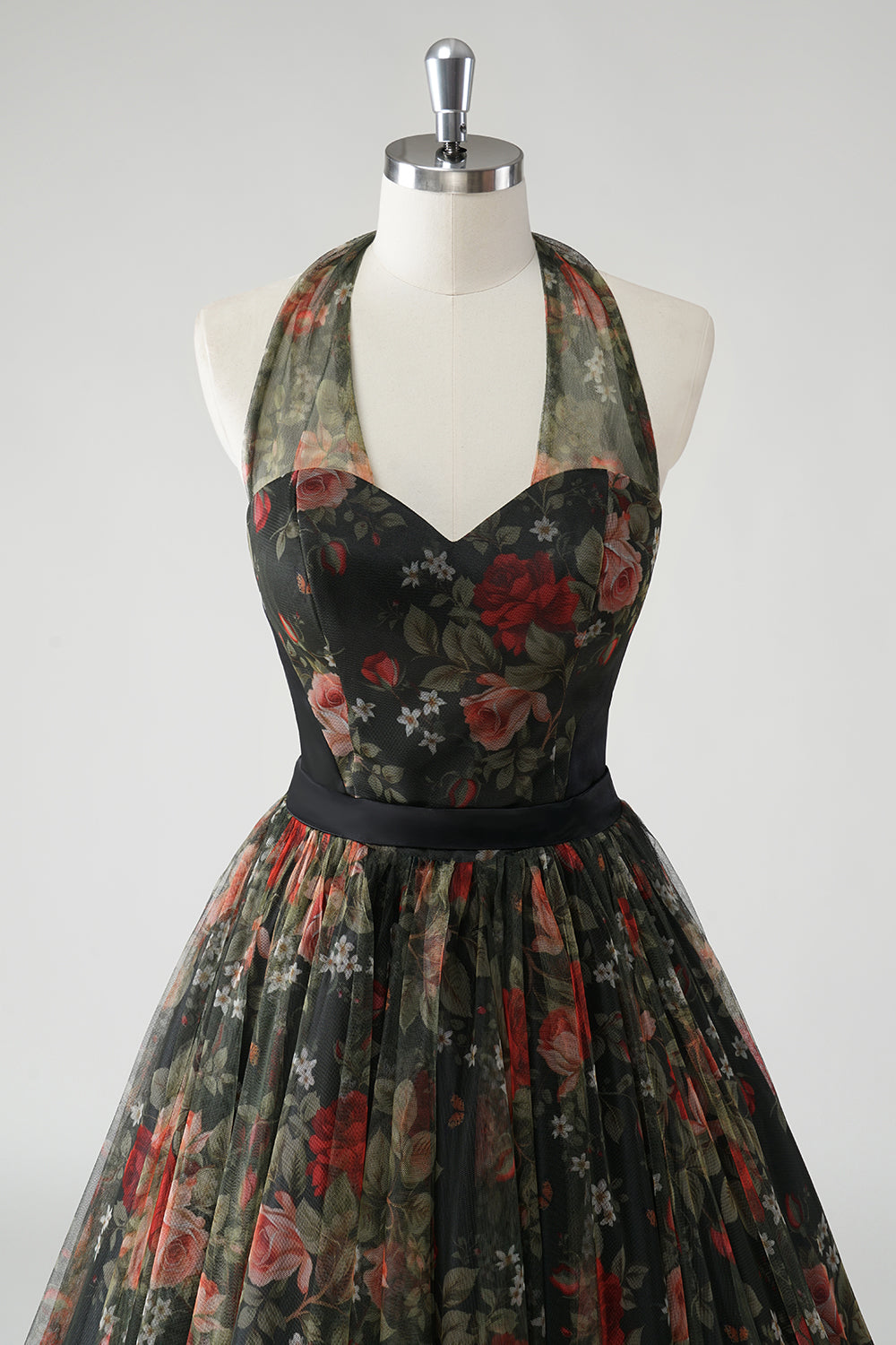 A Line Floral Printed Halter Dark Green Wedding Guest Dress