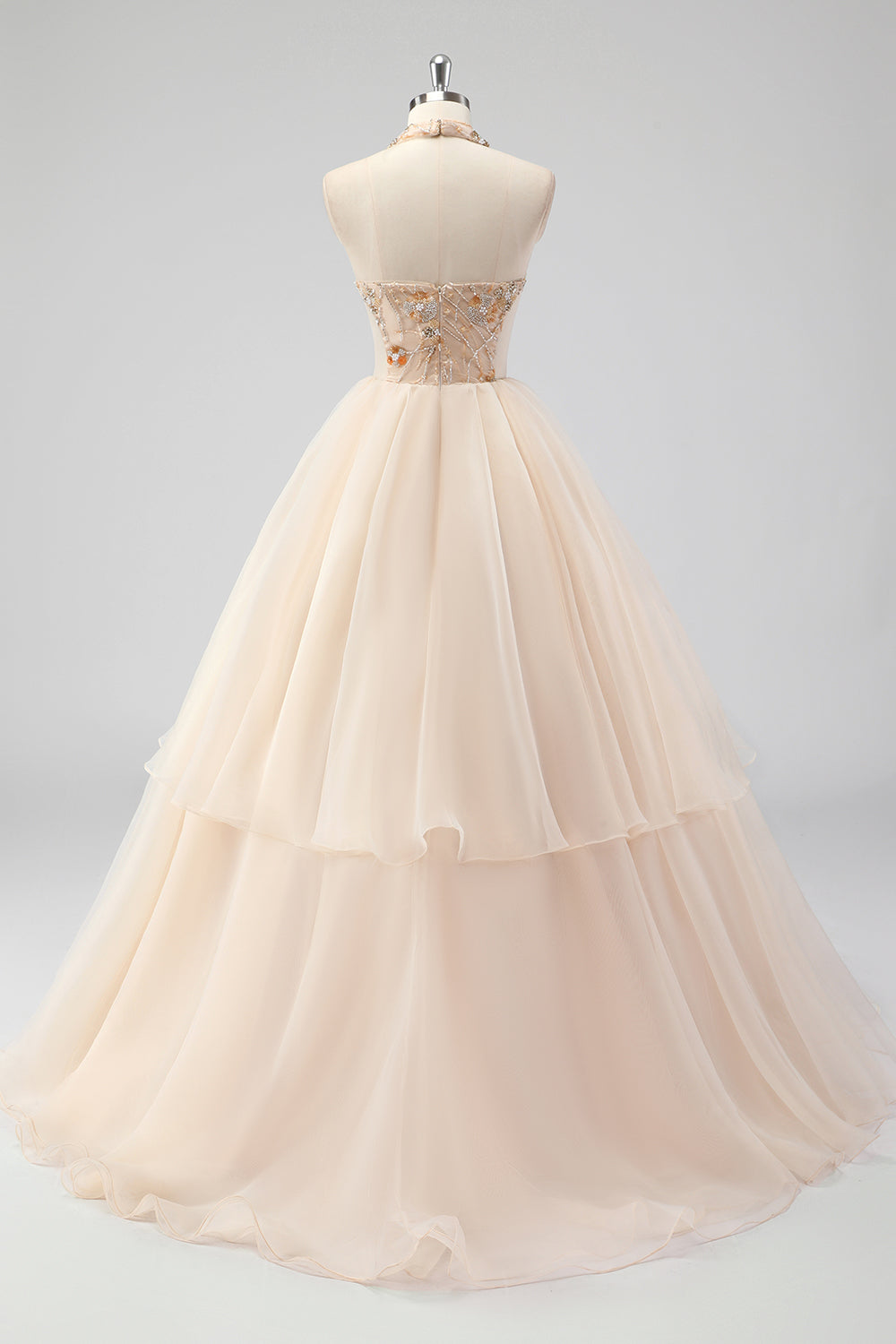 A Line Tiered Champagne Halter Beaded Formal Dress