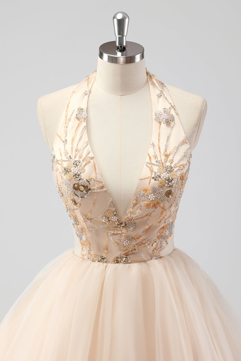 A Line Tiered Champagne Halter Beaded Formal Dress