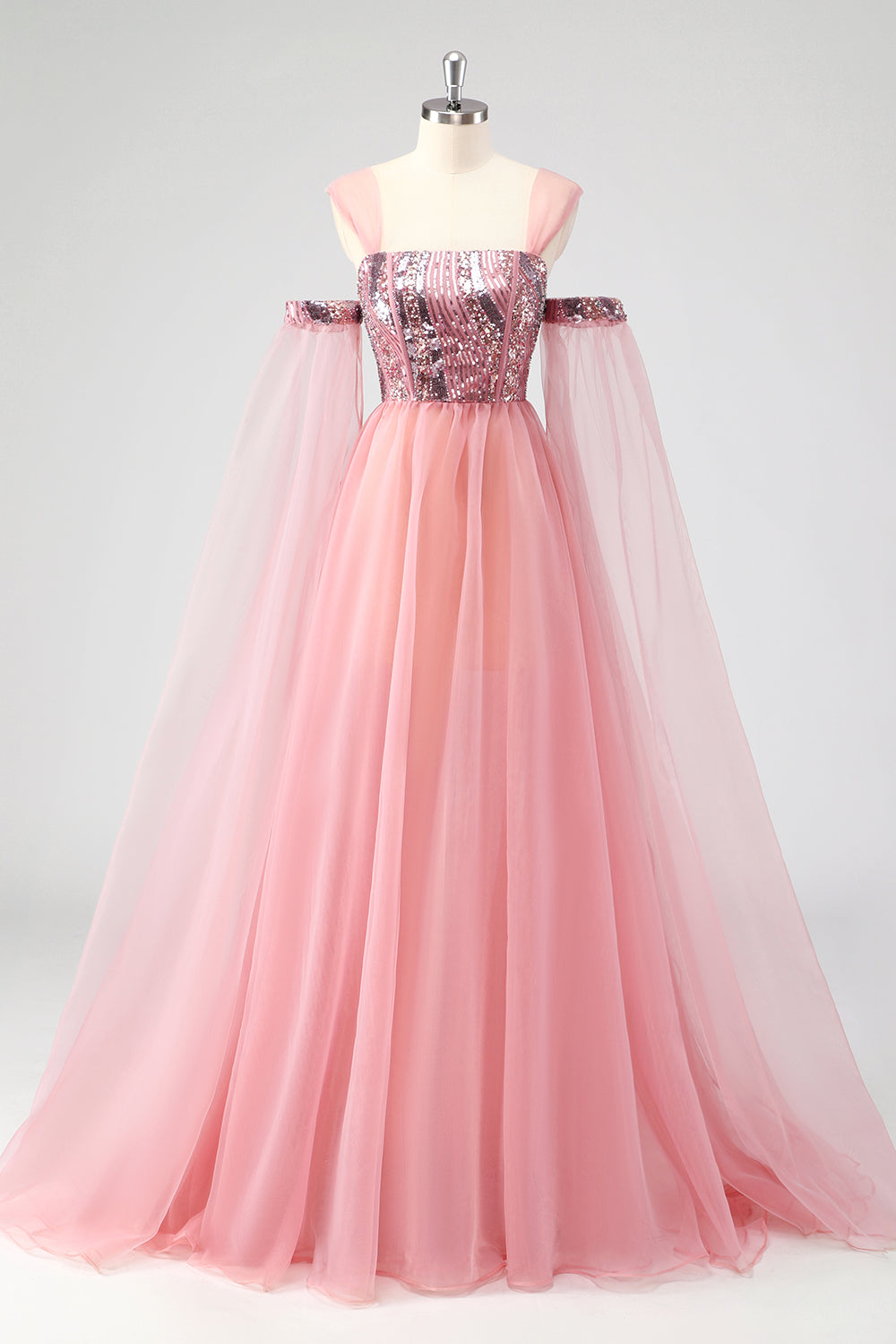 A Line Pink Cape Sleeves Off The Shoulder Sequins Formal Dress