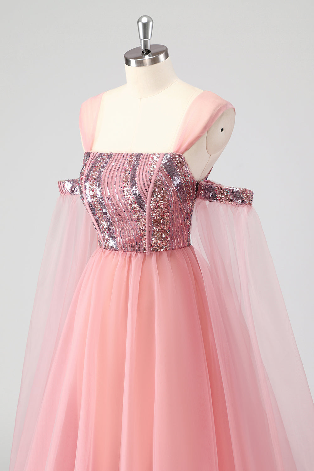 A Line Pink Cape Sleeves Off The Shoulder Sequins Formal Dress