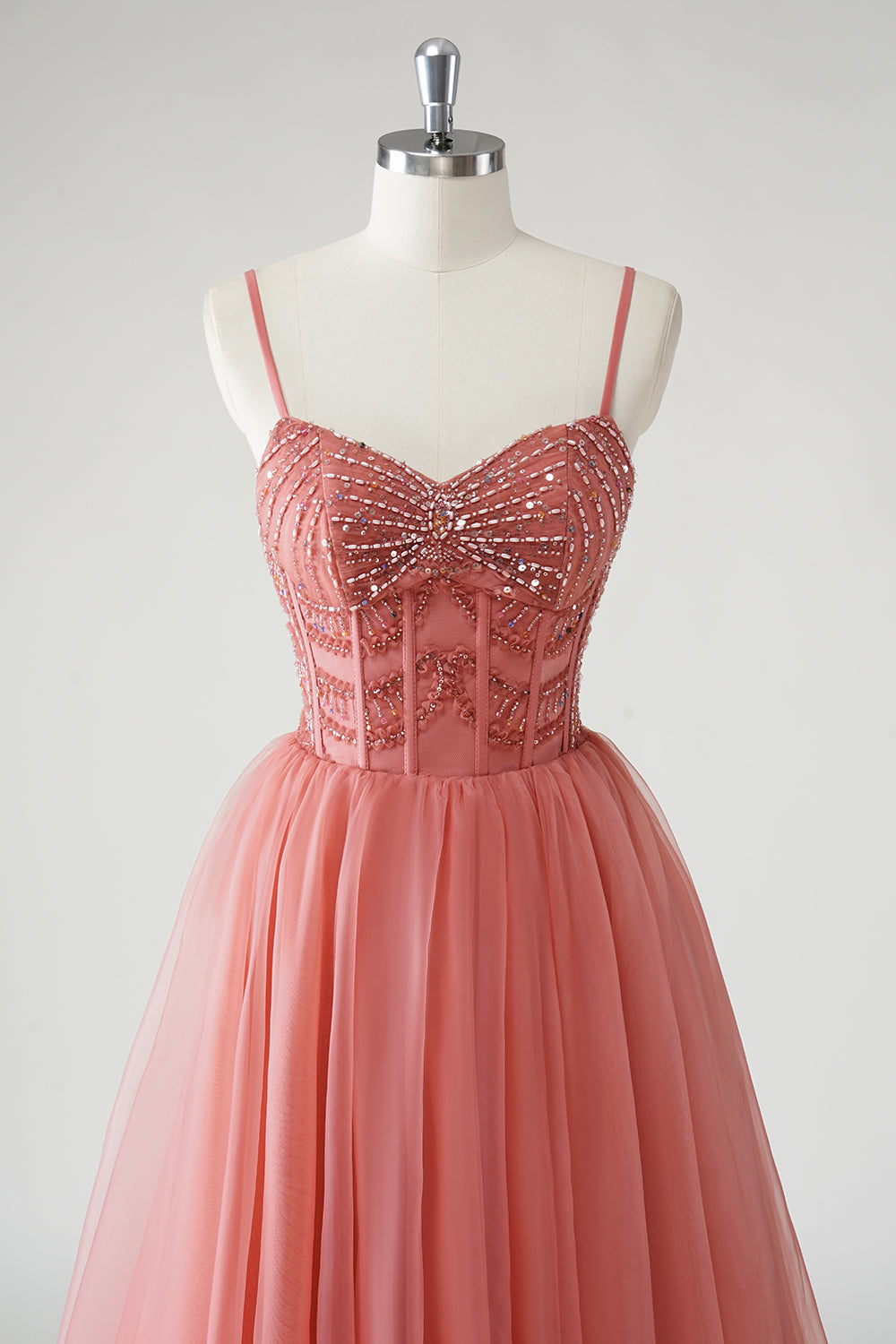 Blush A Line Spaghetti Straps Ruched Sequins Corset Formal Dress