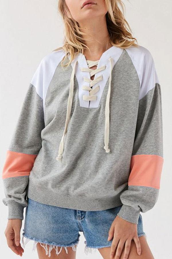 V-neck Patched Loose Drawstring Sweatshirt