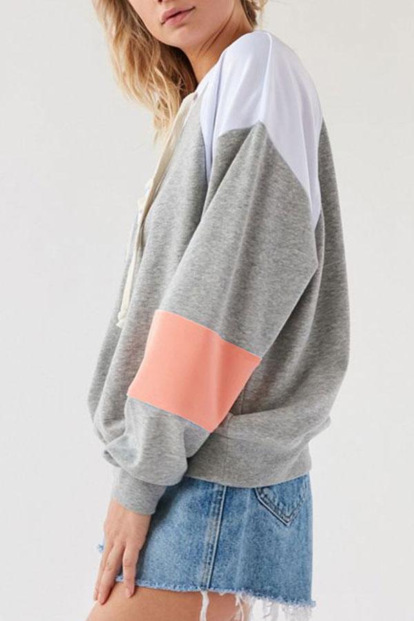 V-neck Patched Loose Drawstring Sweatshirt