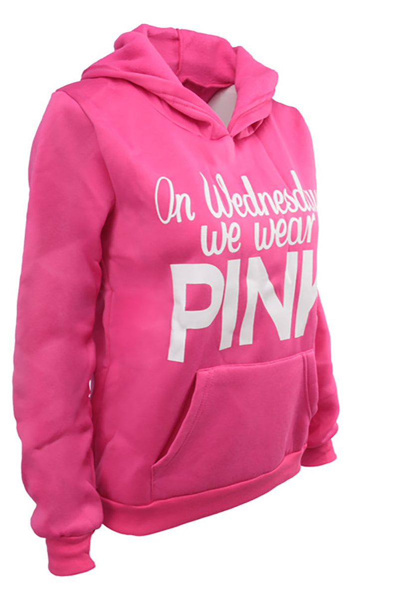 Pink Letter Print Drawstring Pocket Sweatshirt