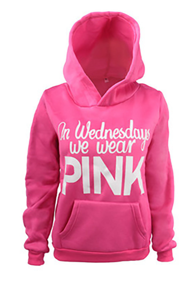 Pink Letter Print Drawstring Pocket Sweatshirt - Mislish