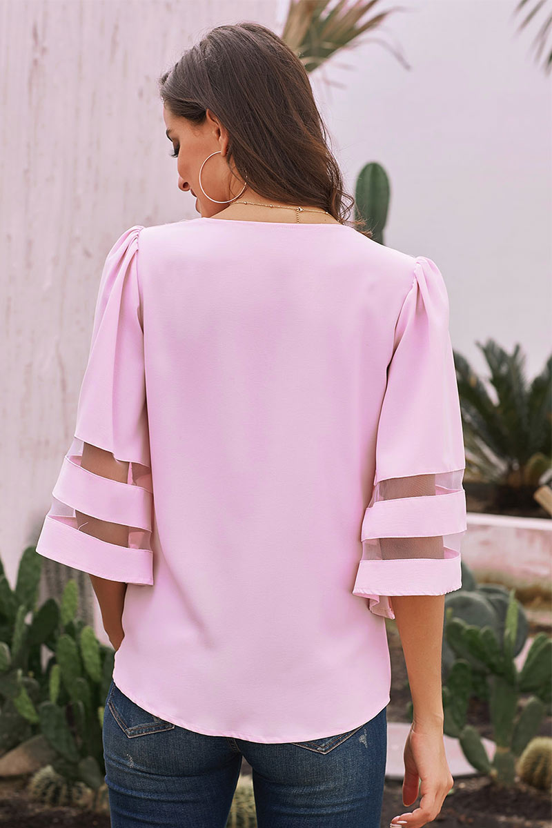 Pink Printed V-neck Blouse With Trumpet Sleeves