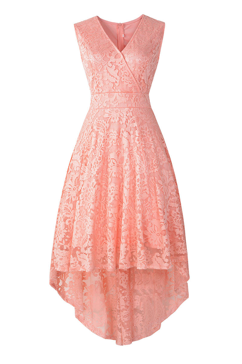 Pink V Neck Sleeveless High Low Lace Cocktail Dress