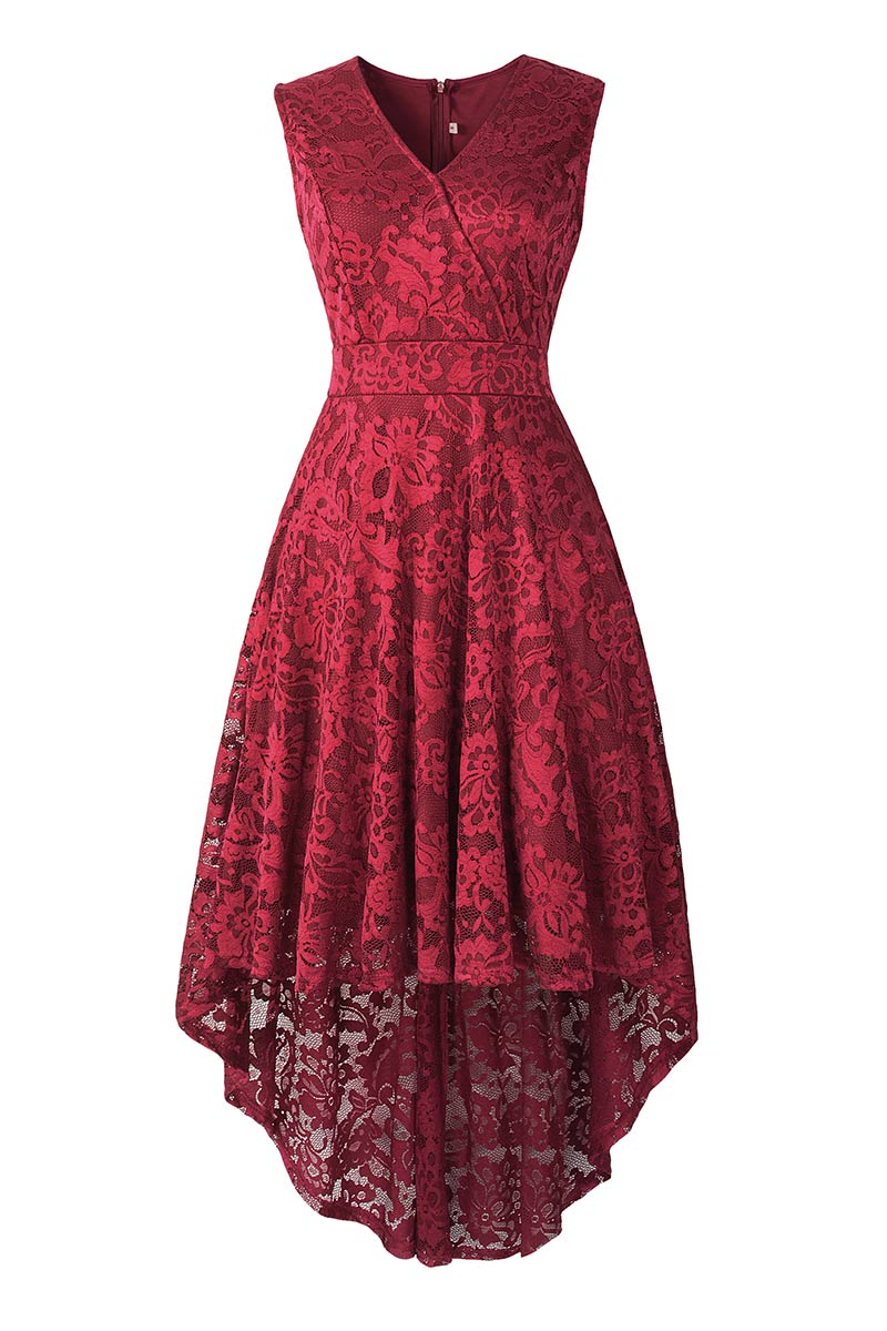 Pink V Neck Sleeveless High Low Lace Cocktail Dress