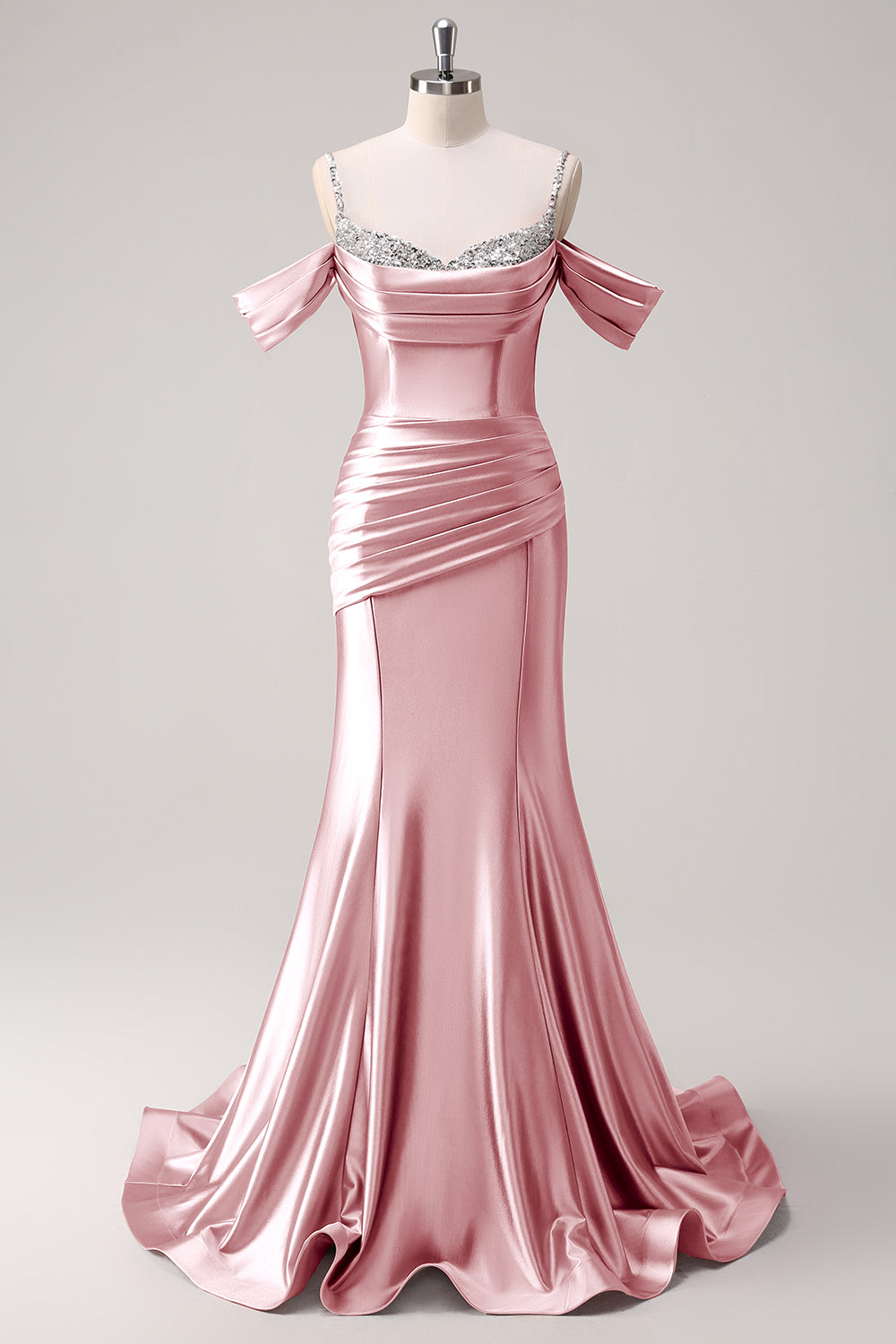 Glitter Blush Mermaid Cold Shoulder Ruched Long Prom Dress with Beading