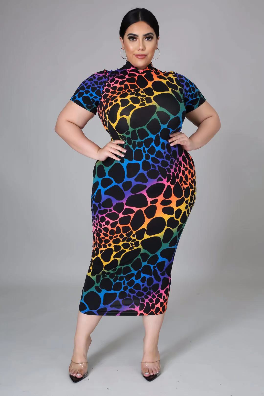 Plus Size Print Short Sleeve Evening Dress 