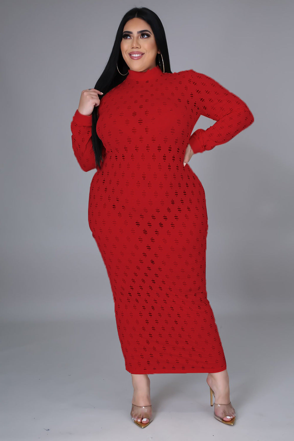 Plus Size Sexy See Through Long Sleeve Party Evening Dress