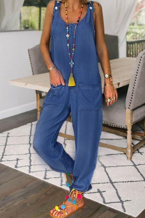 Blue Pockets Sleeveless Jumpsuit - Mislish