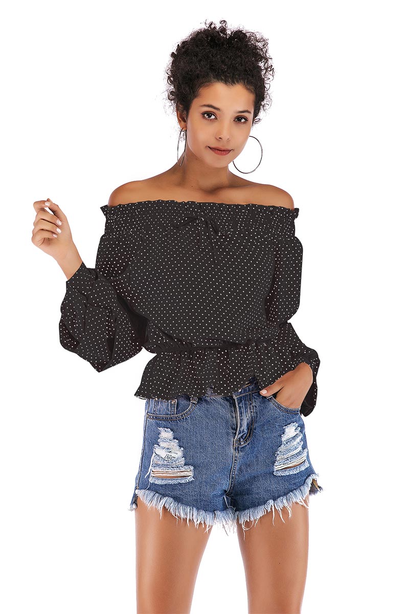 Polka Dot Puff Sleeve Off-the-shoulder Ruffled Blouse