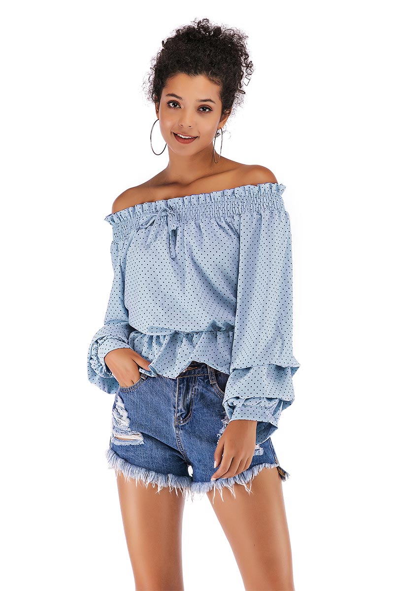 Polka Dot Puff Sleeve Off-the-shoulder Ruffled Blouse