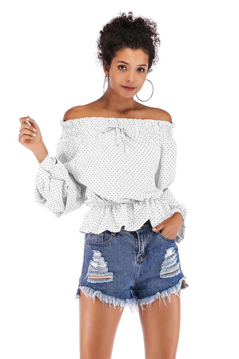 Polka Dot Puff Sleeve Off-the-shoulder Ruffled Blouse