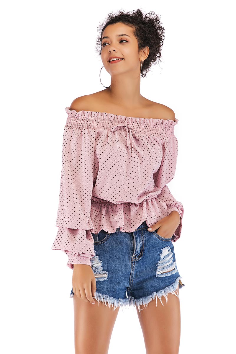 Polka Dot Puff Sleeve Off-the-shoulder Ruffled Blouse