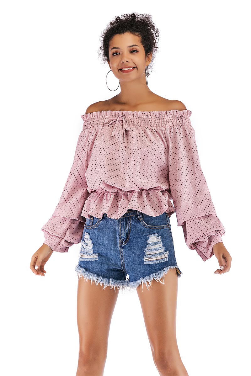 Polka Dot Puff Sleeve Off-the-shoulder Ruffled Blouse